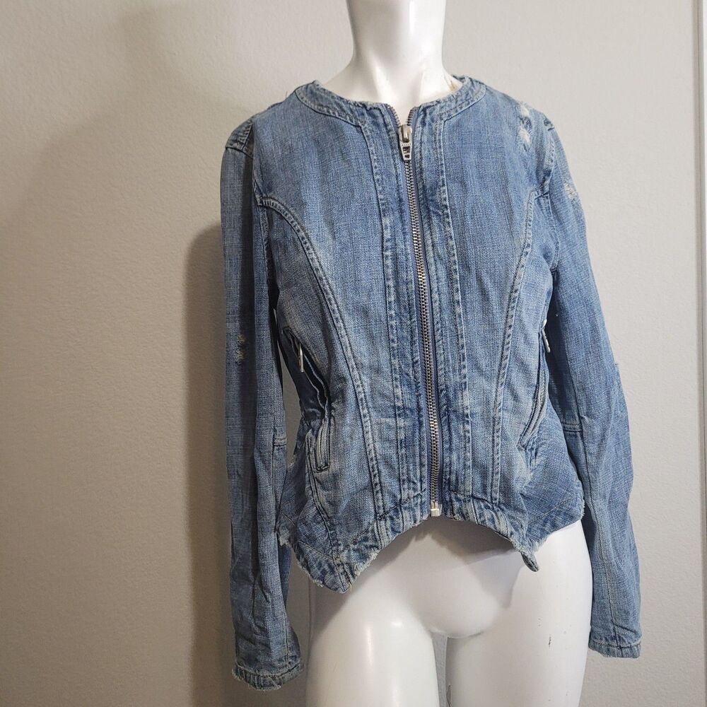 Blank NYC Small jean denim jacket zip fray distressed pocket handkerchief hem